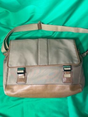 Coach Men's Taupe Messenger Bag with Brown Leather Trim